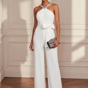 White Halter Jumpsuit with Crystal-Trim and Waist Bow